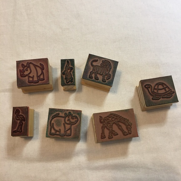 Set of 7 Zoo Animals Wood Mounted Rubber Stamps - Picture 2 of 2